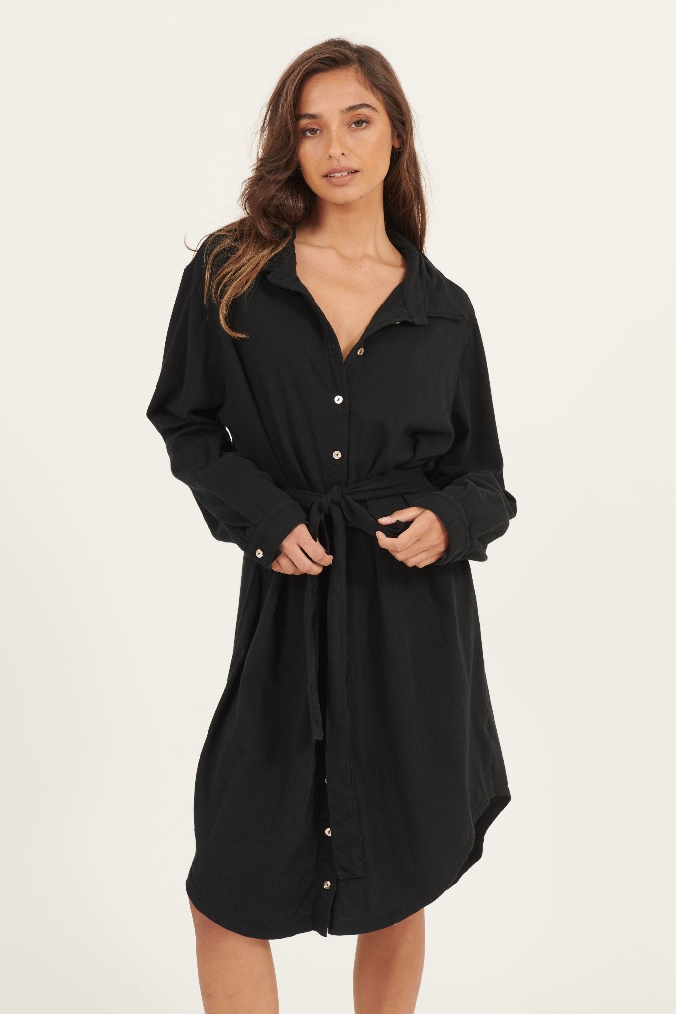 ARIA KNIT SHIRT DRESS - NOIR - Primness