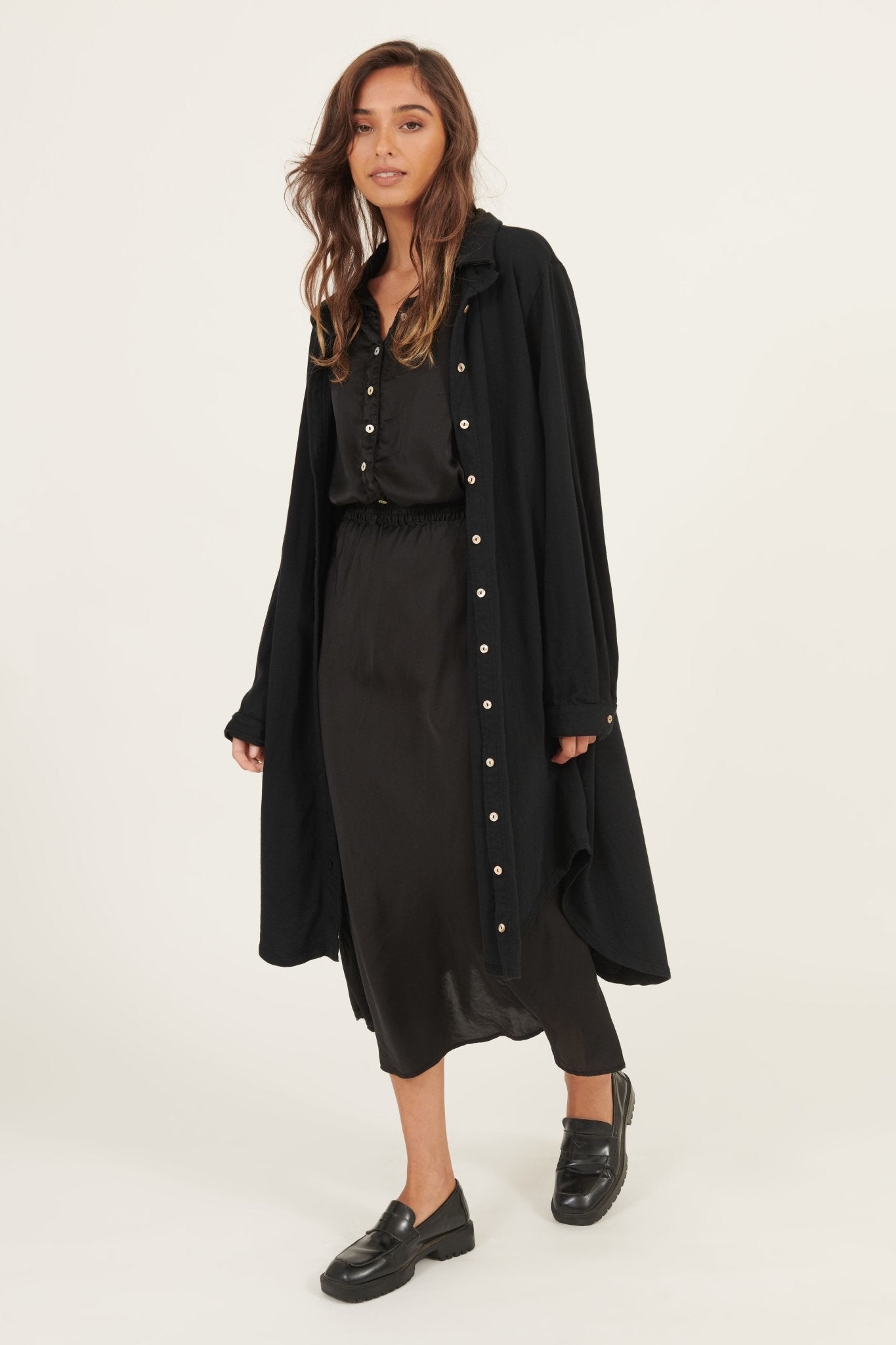 ARIA KNIT SHIRT DRESS - NOIR - Primness