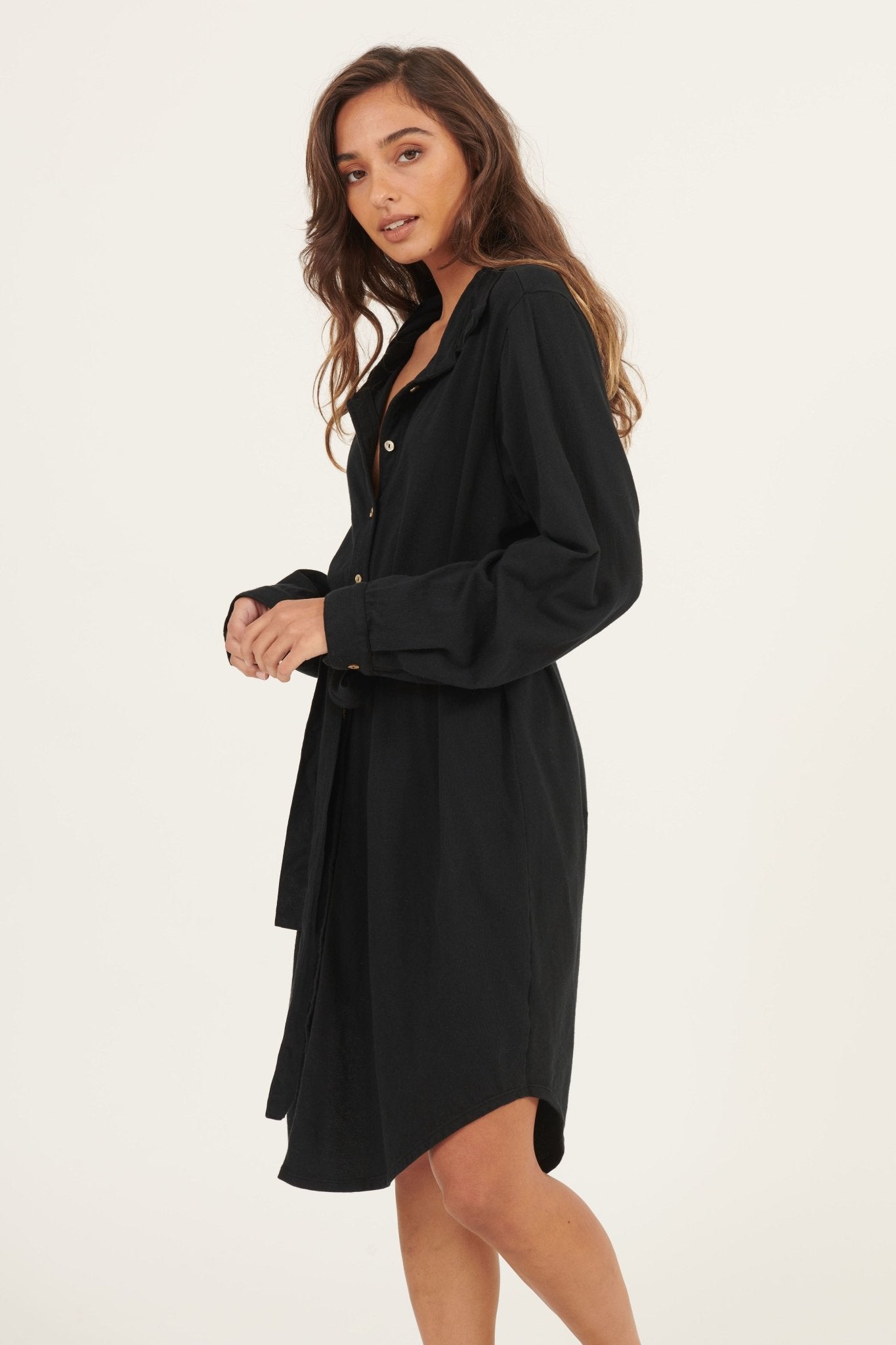 ARIA KNIT SHIRT DRESS - NOIR - Primness