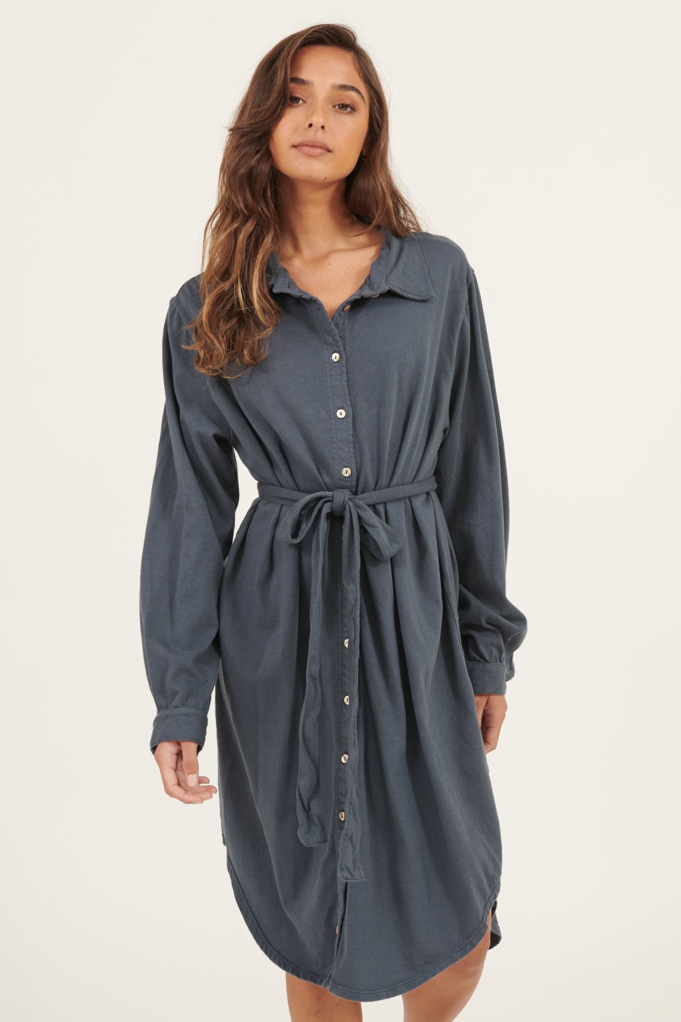 ARIA KNIT SHIRT DRESS - SLATE - Primness