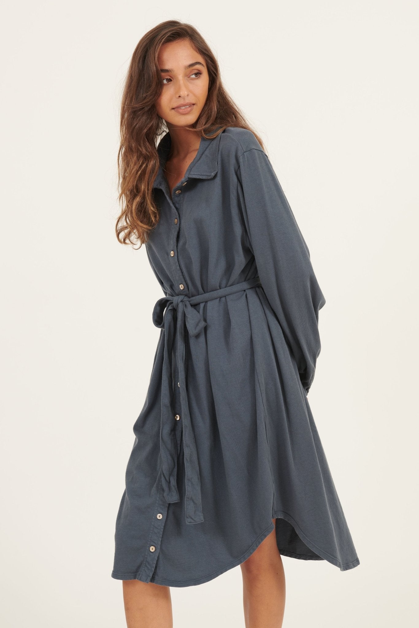 ARIA KNIT SHIRT DRESS - SLATE - Primness