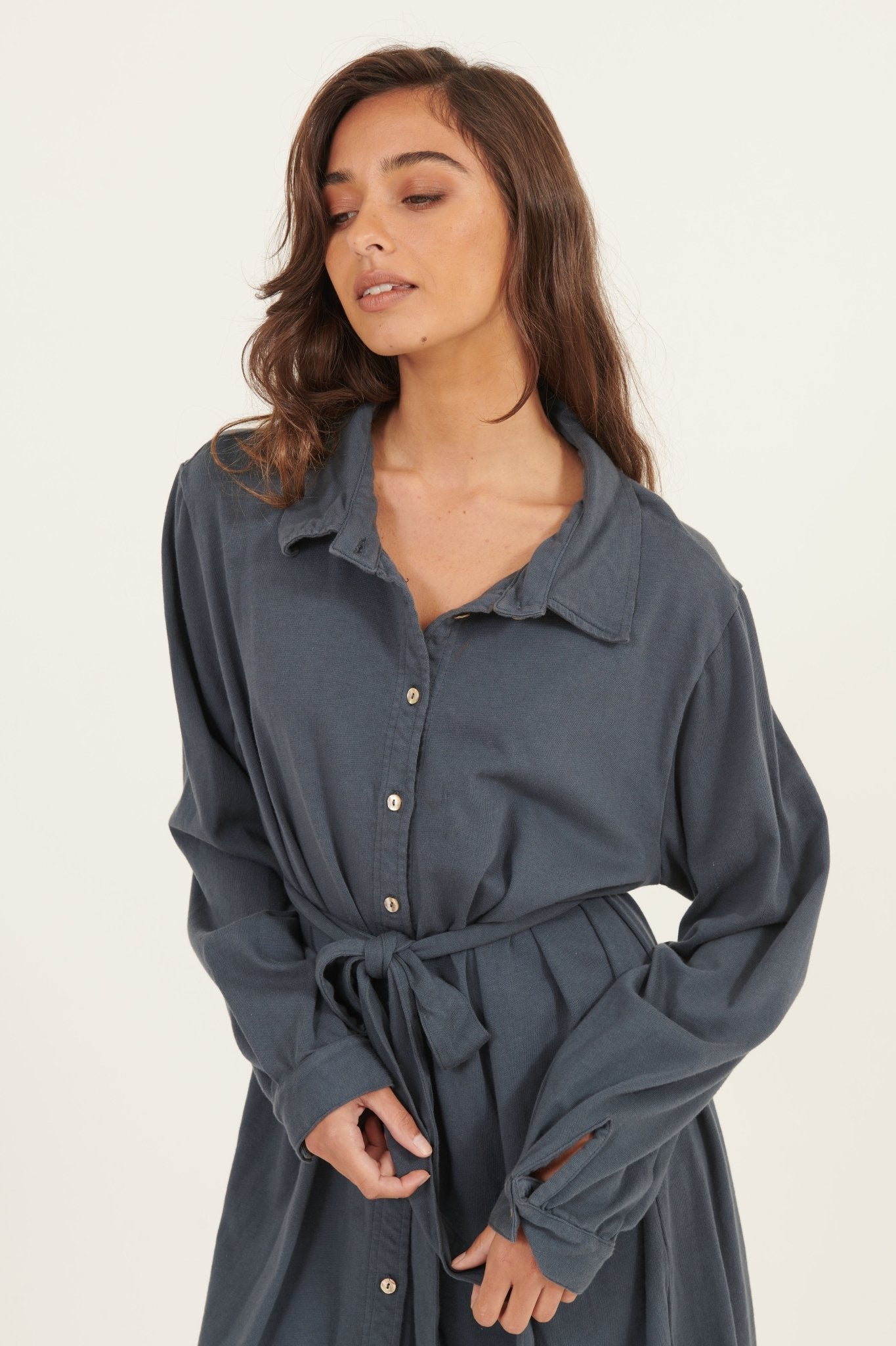 ARIA KNIT SHIRT DRESS - SLATE - Primness