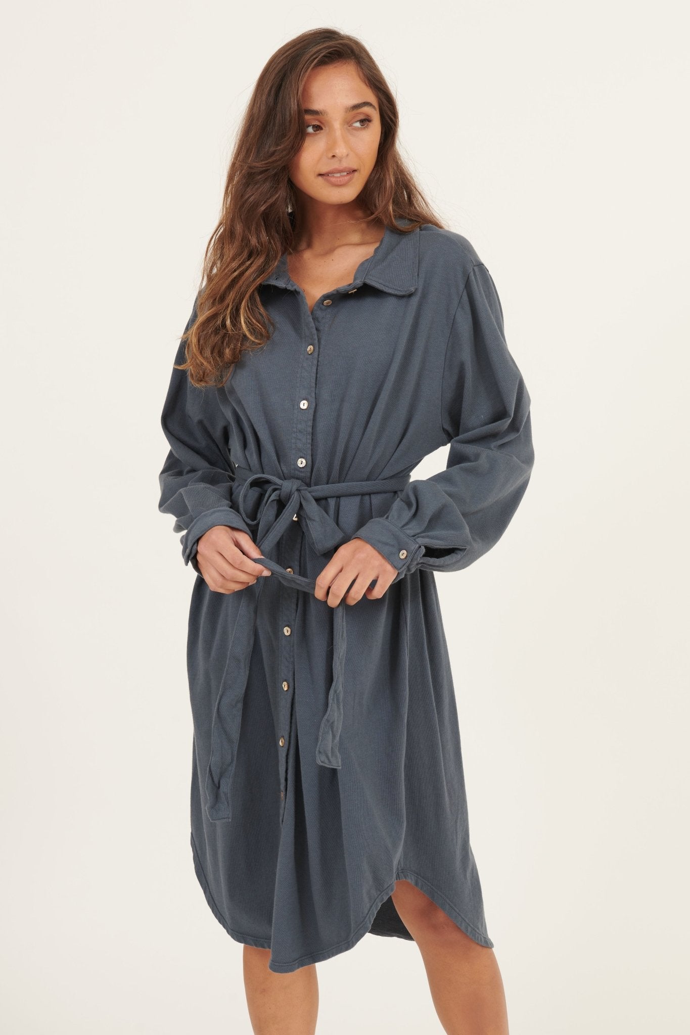 ARIA KNIT SHIRT DRESS - SLATE - Primness