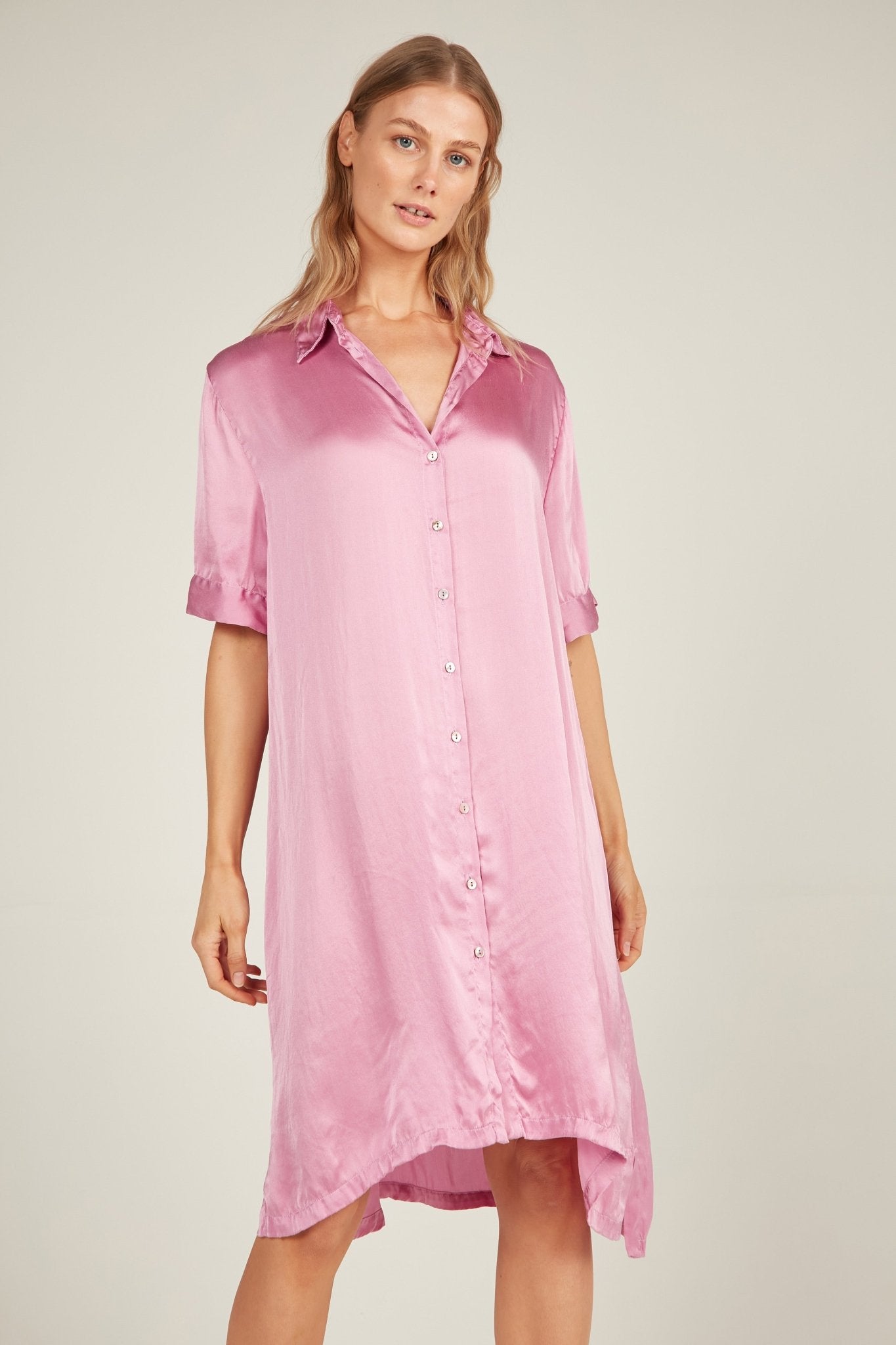 GLOSSED SHIRT DRESS - CARNATION PINK - Primness