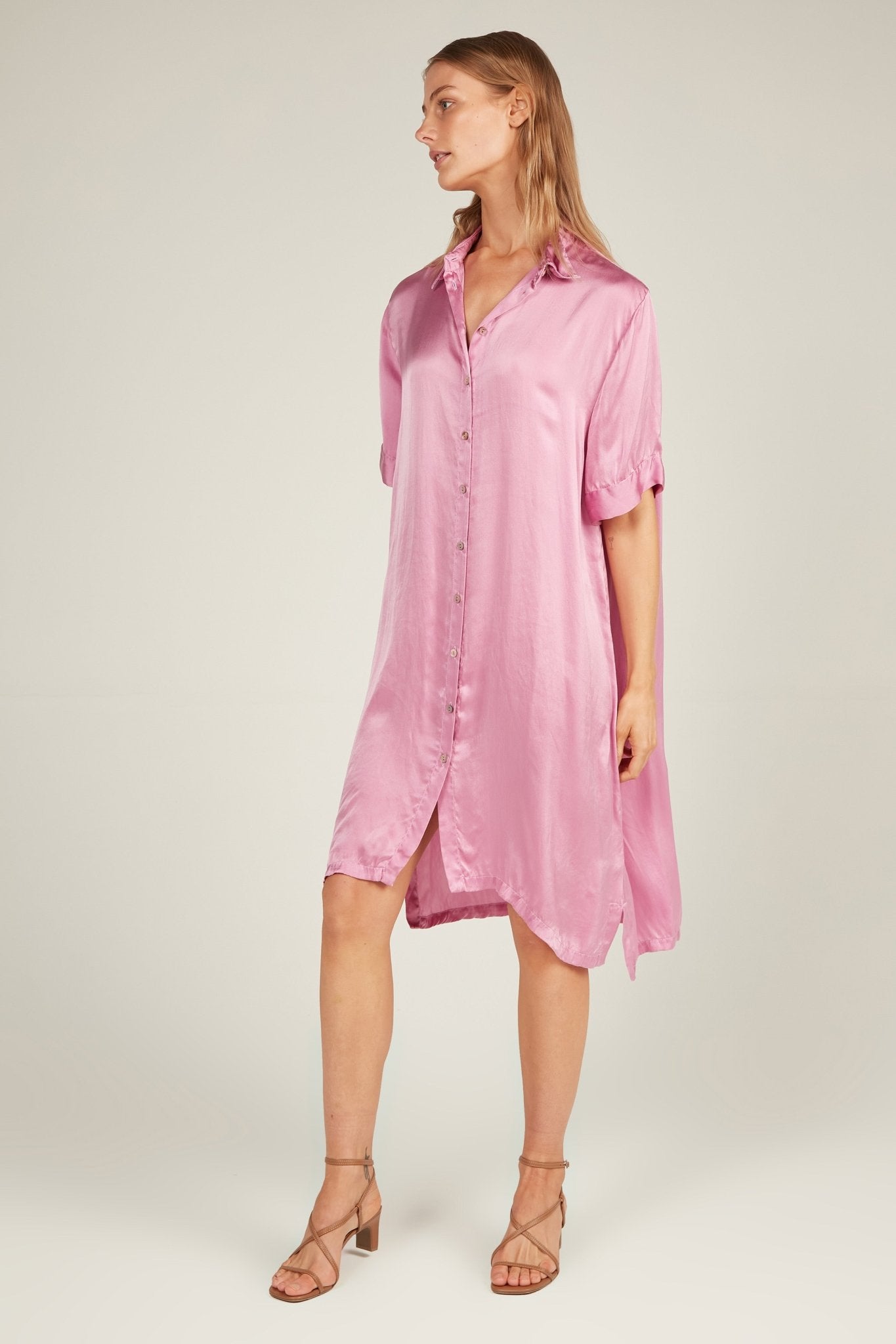 GLOSSED SHIRT DRESS - CARNATION PINK - Primness