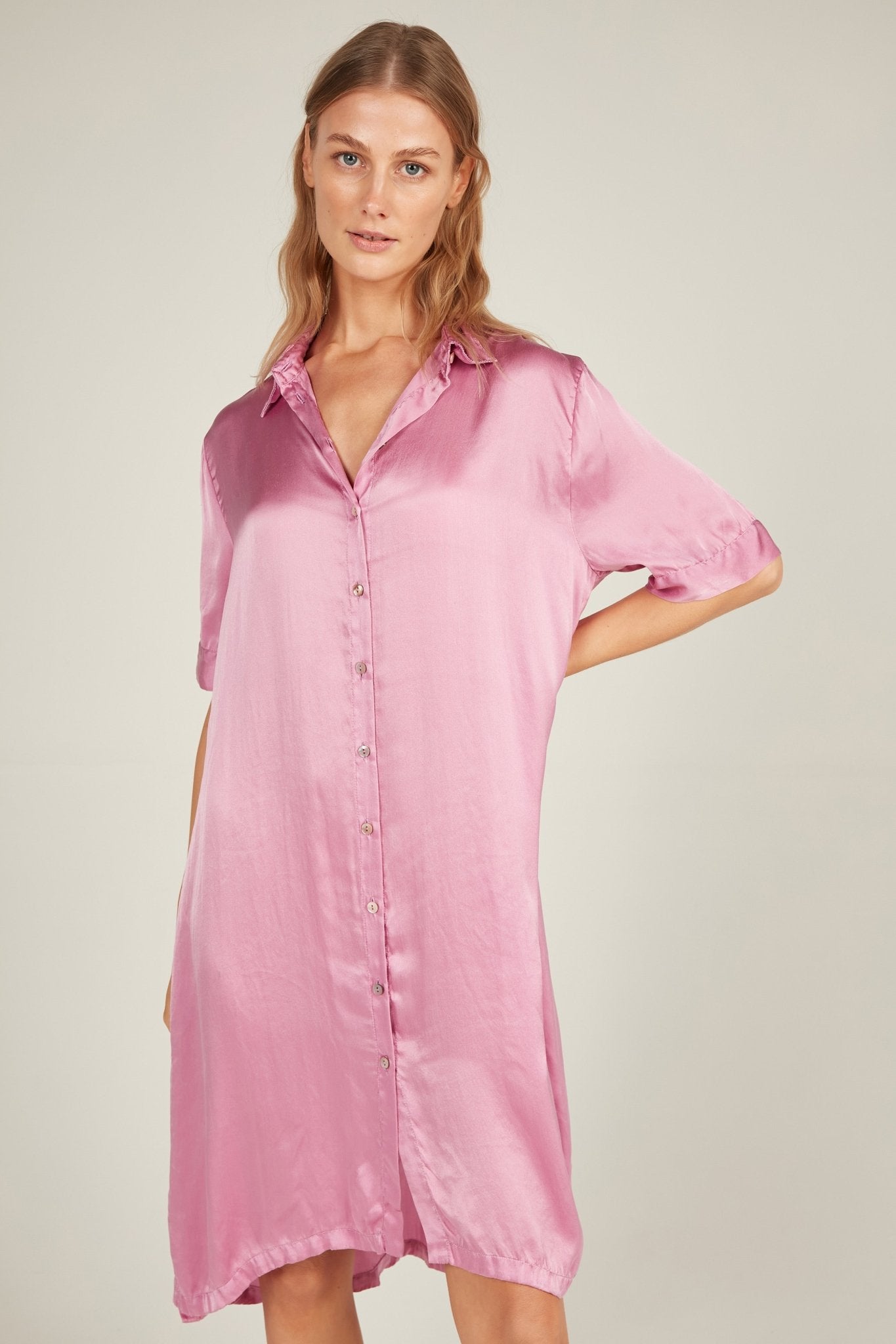 GLOSSED SHIRT DRESS - CARNATION PINK - Primness