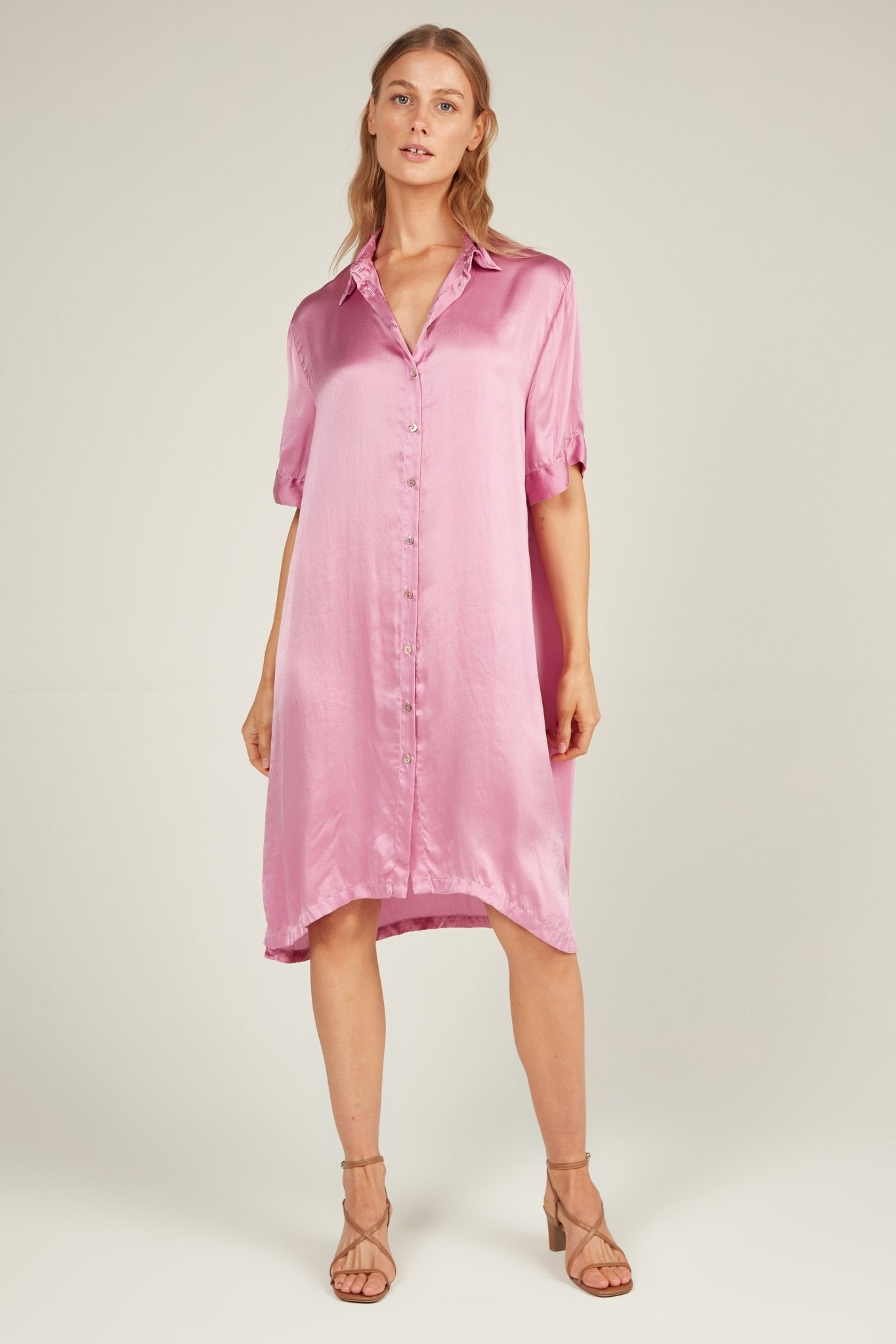 GLOSSED SHIRT DRESS - CARNATION PINK - Primness