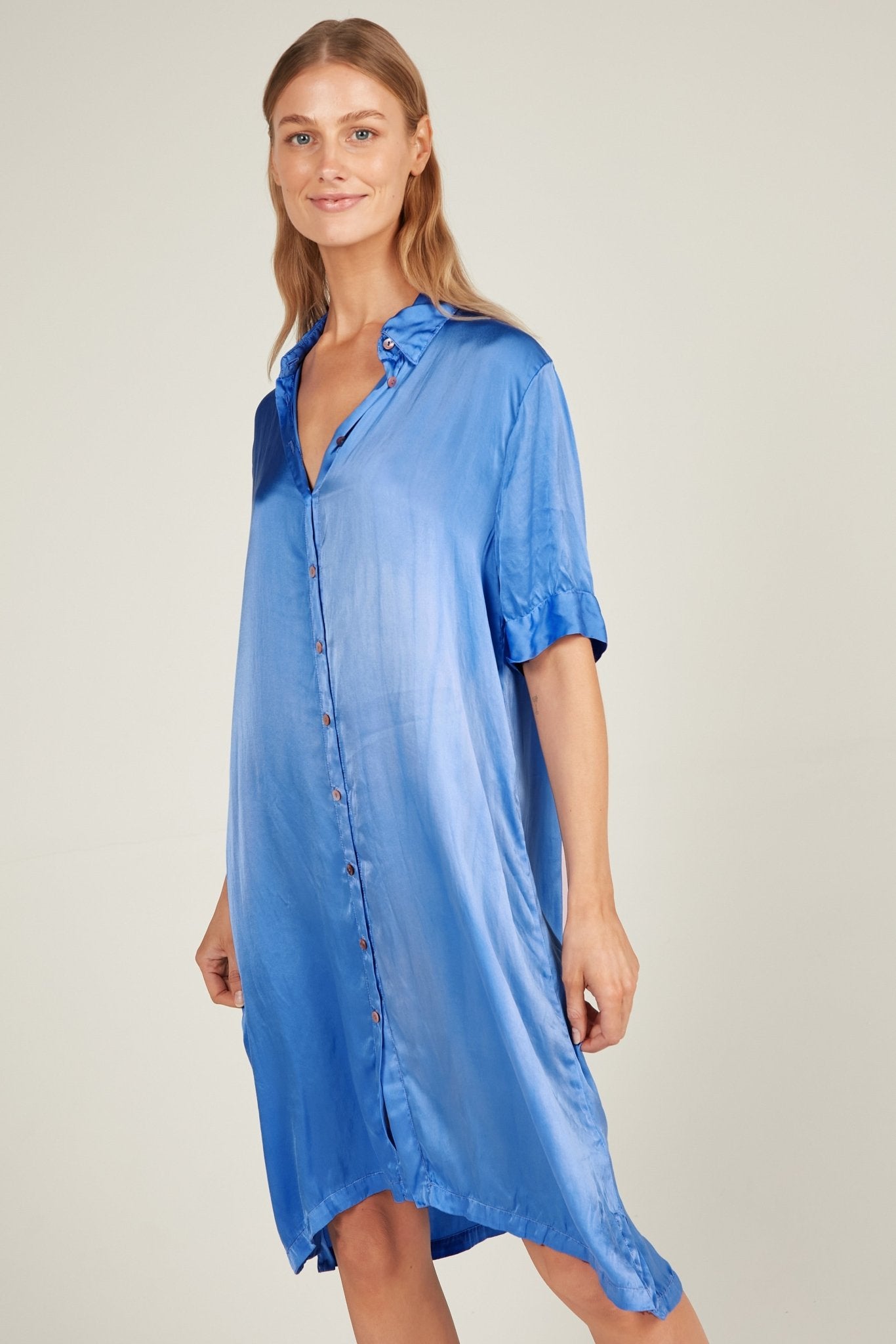 GLOSSED SHIRT DRESS - SAPPHIRE - Primness