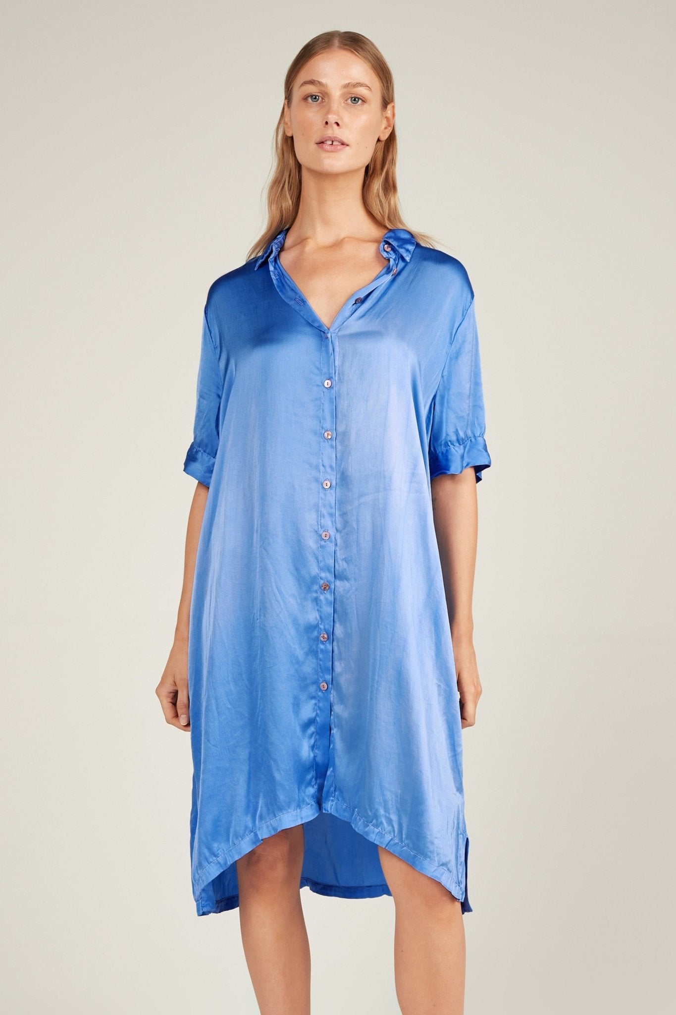 GLOSSED SHIRT DRESS - SAPPHIRE - Primness