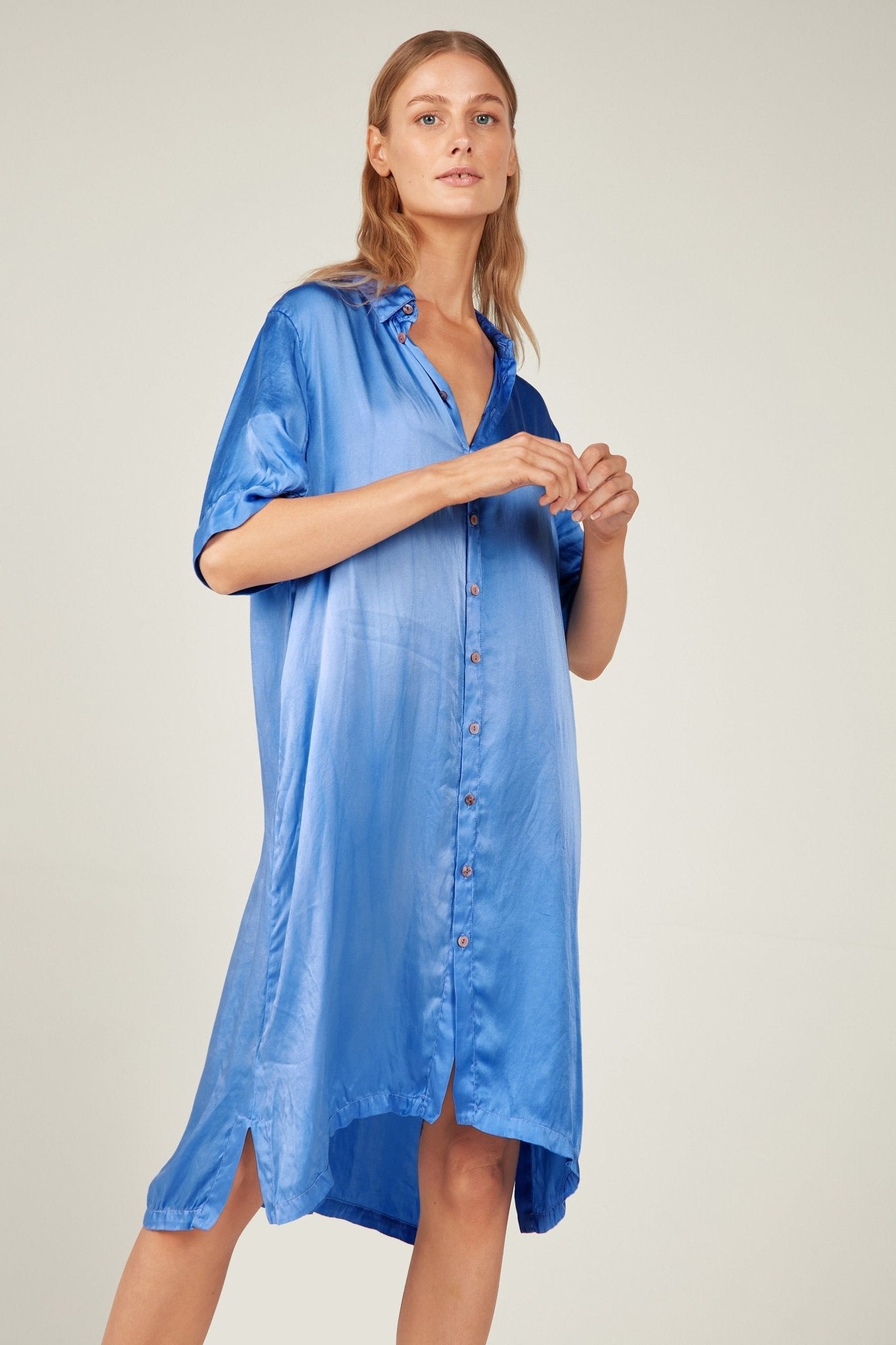 GLOSSED SHIRT DRESS - SAPPHIRE - Primness