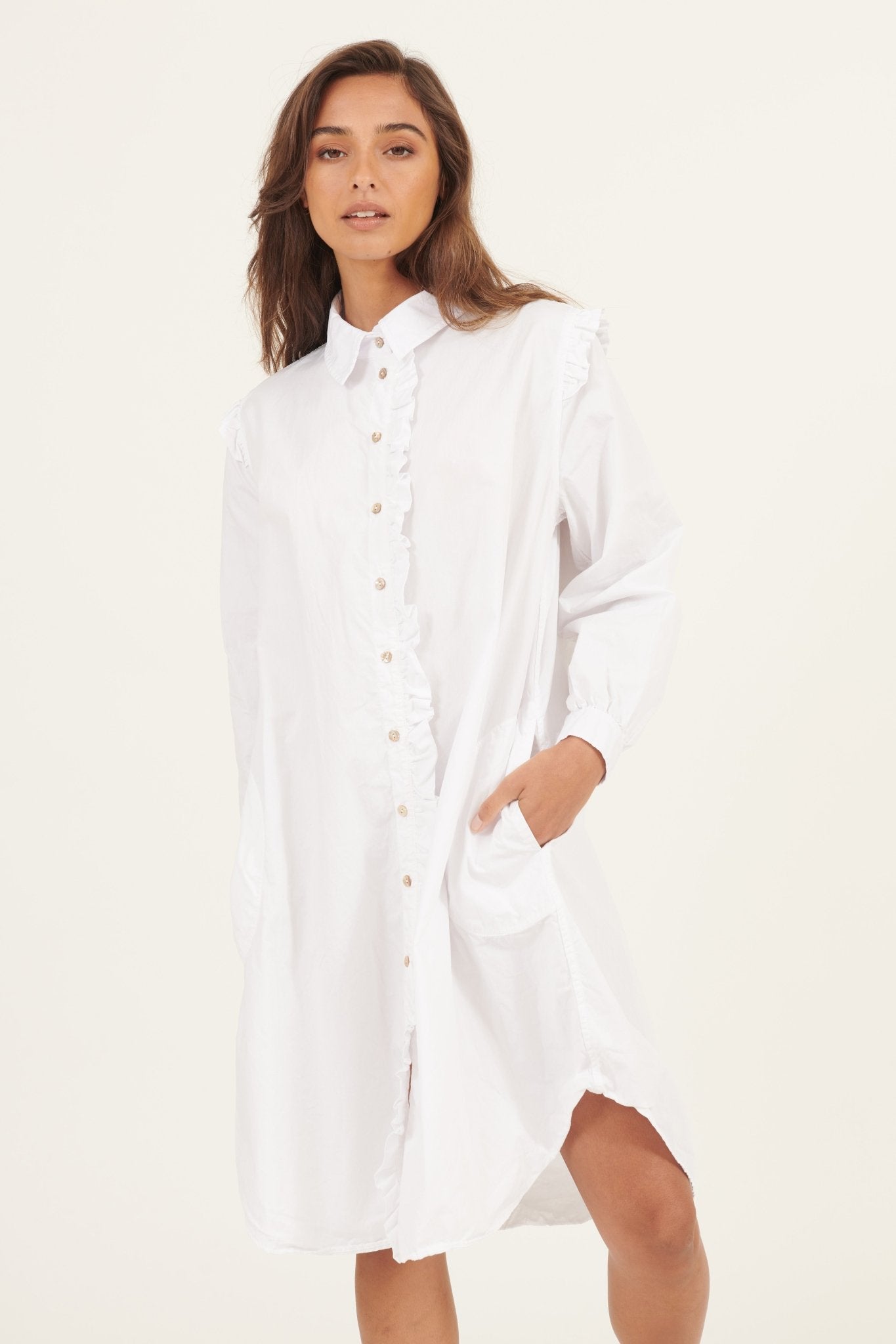 RUFFLES SHIRT DRESS - BLANC - Primness