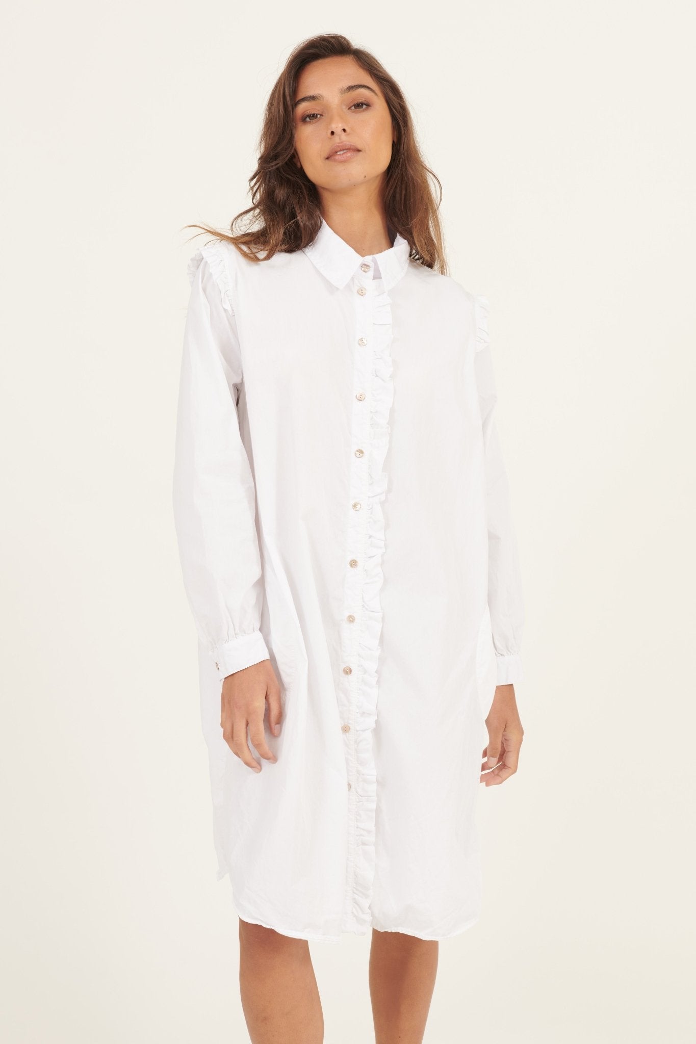 RUFFLES SHIRT DRESS - BLANC - Primness