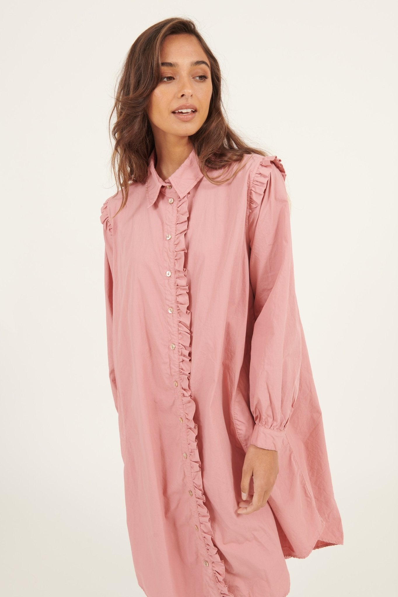 RUFFLES SHIRT DRESS - BLUSHED - Primness