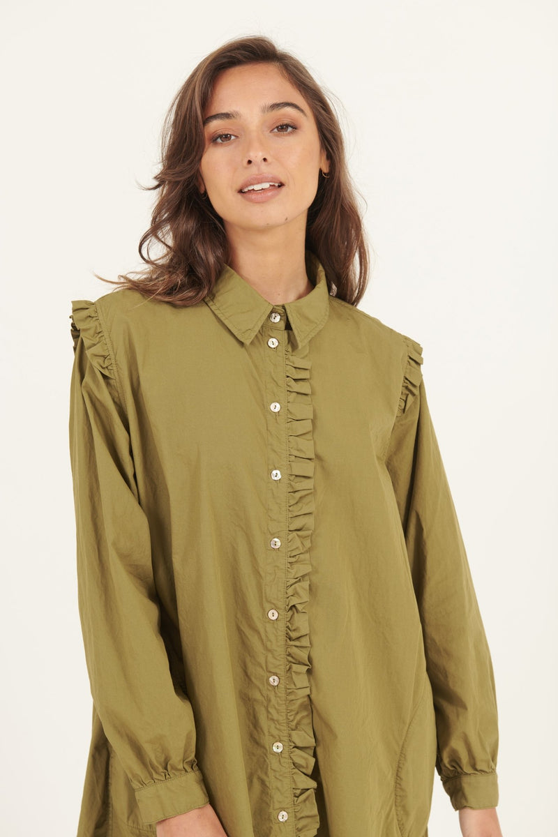 RUFFLES SHIRT DRESS - KHAKI - Primness