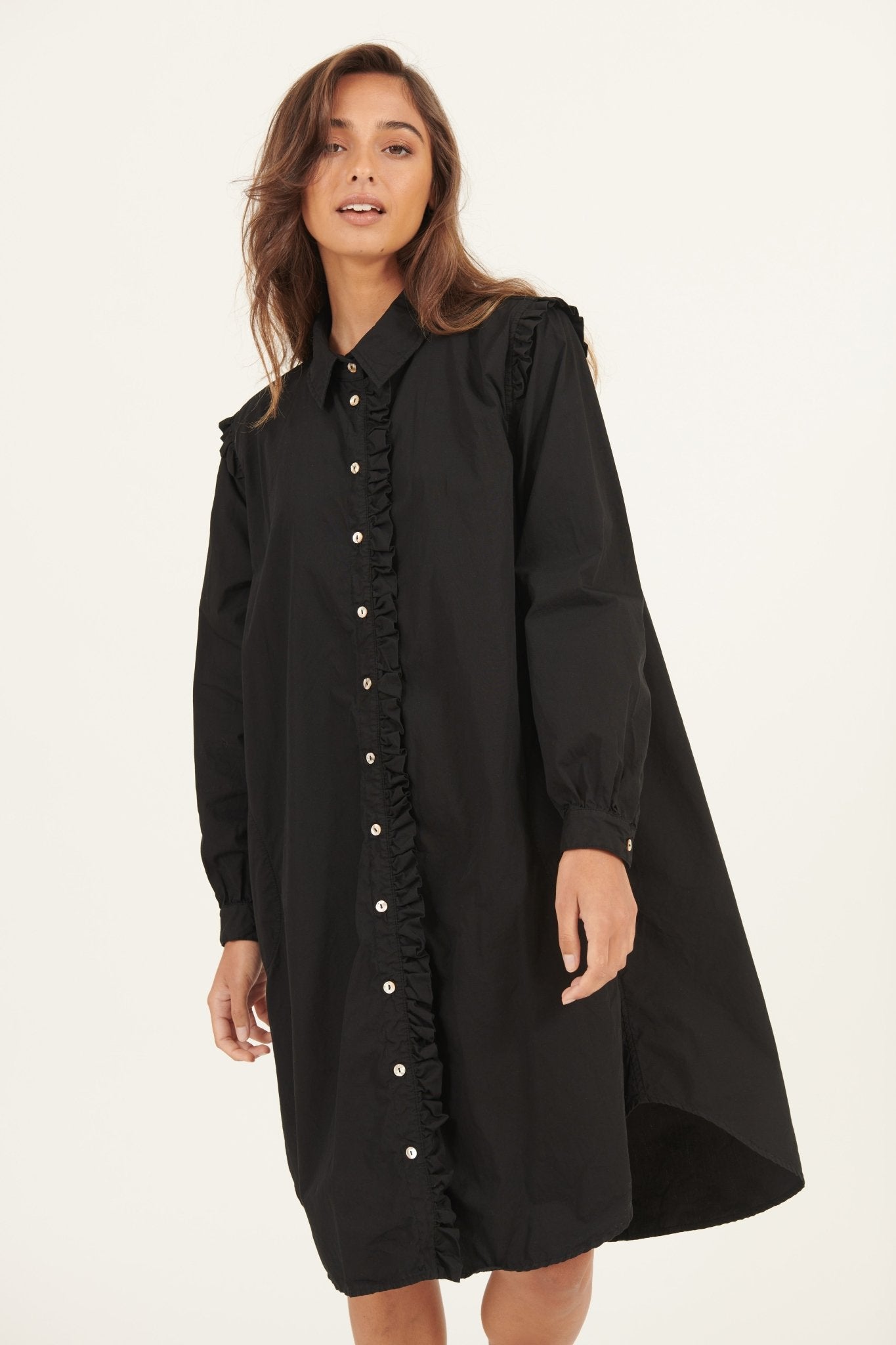 RUFFLES SHIRT DRESS - NOIR - Primness